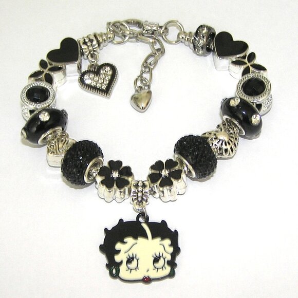 Betty Boop Bracelet With Stylish Black European Beads & Charms, Crystals, Hearts - Picture 5 of 6
